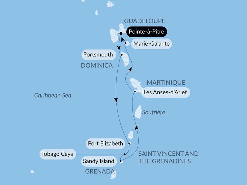 Route map of Gliding the Waters of the Windward Islands cruise round-trip from Point-a-Pitre, Guadeloupe.