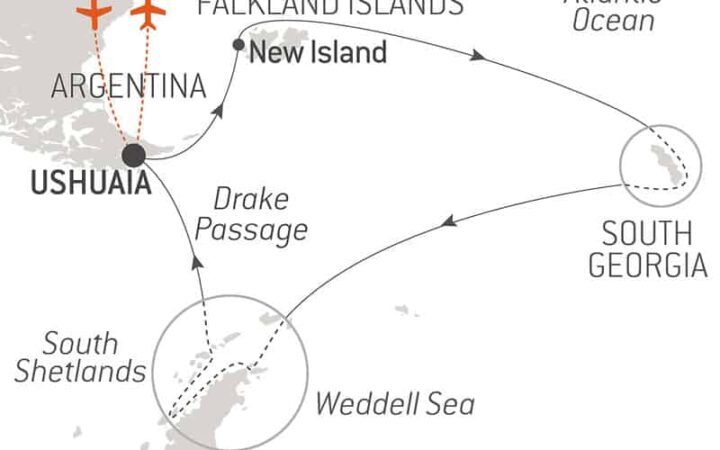 Route map of The Great Austral Loop luxury Antarctica voyage, operating round-trip from Buenos Aires, Argentina, with embarkation & disembarkation in Ushuaia, Argentina, & visits to the Falkland Islands, South Georgia Island & the Antarctic Peninsula.