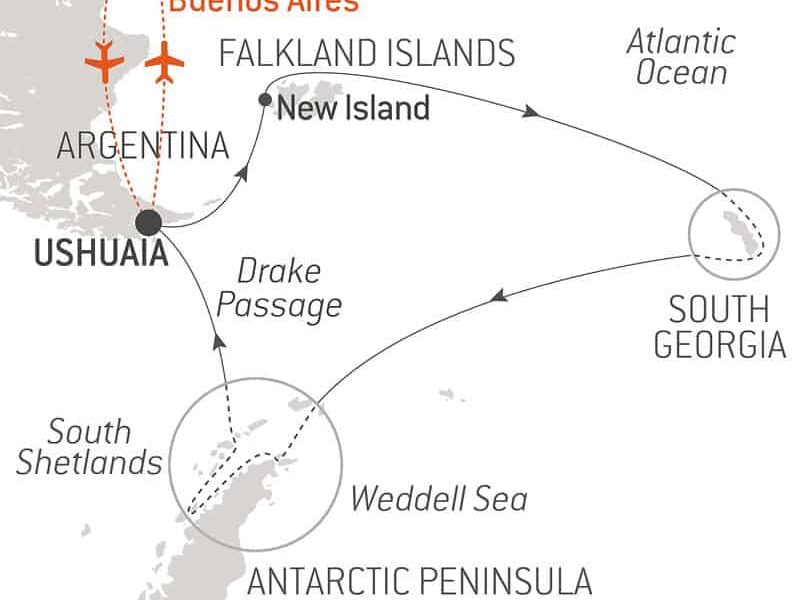Route map of The Great Austral Loop luxury Antarctica voyage, operating round-trip from Buenos Aires, Argentina, with embarkation & disembarkation in Ushuaia, Argentina, & visits to the Falkland Islands, South Georgia Island & the Antarctic Peninsula.
