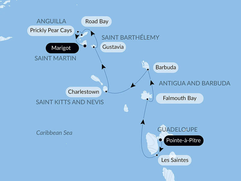 Route map of northbound History & Culture: Visiting Caribbean Jewels cruise from Point-a-Pitre, Guadeloupe to Philipsburg, Saint-Martin.