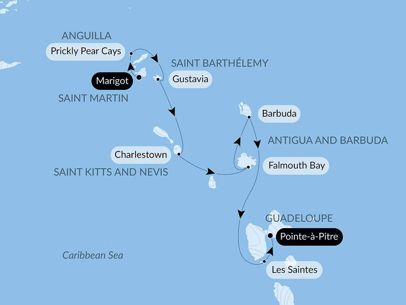 Route map of southbound History & Culture: Visiting Caribbean Jewels cruise from Marigot, Saint-Martin to Point-a-Pitre, Guadeloupe.