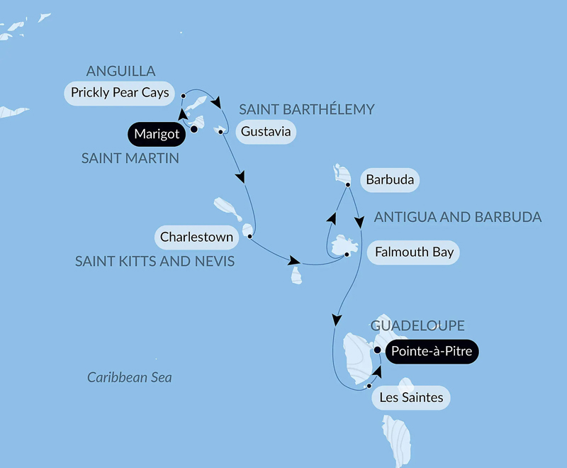 Route map of southbound History & Culture: Visiting Caribbean Jewels cruise from Marigot, Saint-Martin to Point-a-Pitre, Guadeloupe.