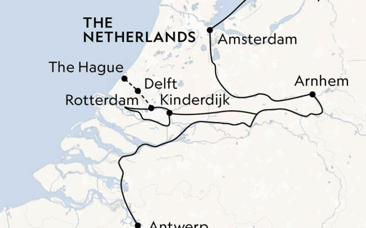 Route map of Holland & Belgium river cruise between Amsterdam, The Netherlands & Brussels, Belgium.