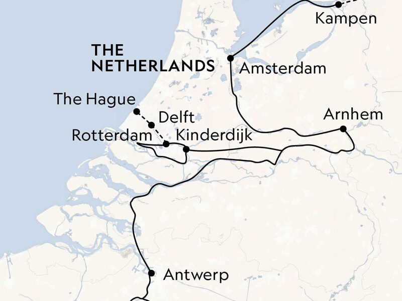 Route map of Holland & Belgium river cruise between Amsterdam, The Netherlands & Brussels, Belgium.