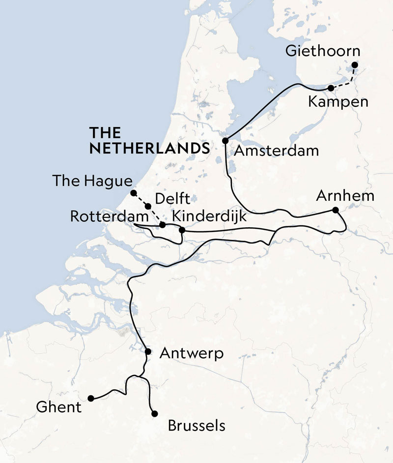 Route map of Holland & Belgium river cruise between Amsterdam, The Netherlands & Brussels, Belgium.