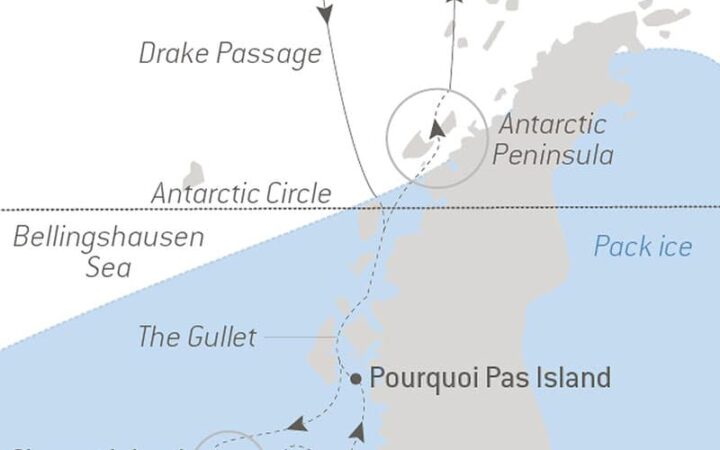 Route map of the In The Wake of Jean-Baptiste Charcot voyage aboard Le Commandant Charcot, cruising round-trip from Ushuaia,, Argentina, with round-trip bookend flights via Santiago, Chile, and visits to the Antarctic Circle, Charcot Island, Marguerite Bay, Pourquoi Pas Island, the Antarctic Peninsula & Drake Passage.