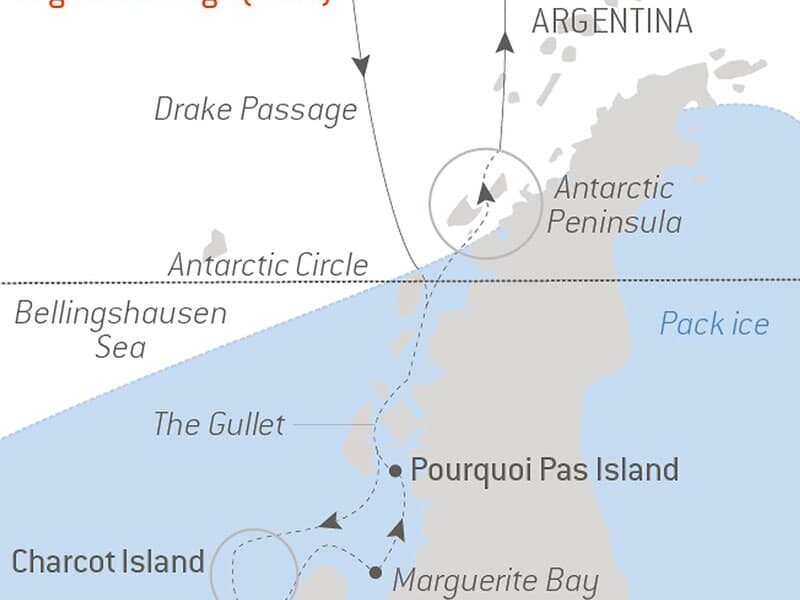 Route map of the In The Wake of Jean-Baptiste Charcot voyage aboard Le Commandant Charcot, cruising round-trip from Ushuaia,, Argentina, with round-trip bookend flights via Santiago, Chile, and visits to the Antarctic Circle, Charcot Island, Marguerite Bay, Pourquoi Pas Island, the Antarctic Peninsula & Drake Passage.
