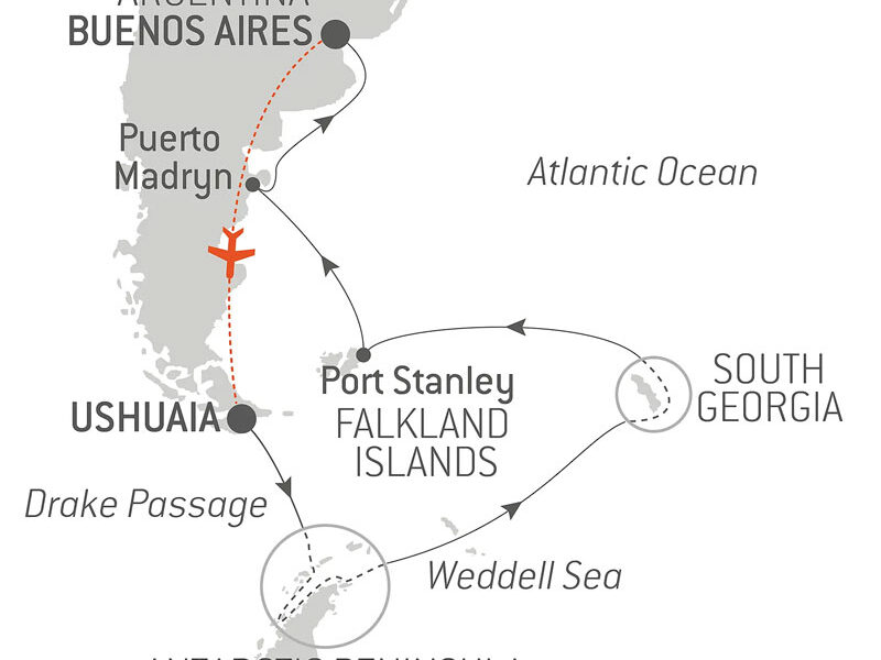 Route map of 20-day Journey to Austral Lands & Valdes Peninsula cruise from Ushuaia to Buenos Aires, Argentina, with visits to the Antarctic Peninsula, South Georgia & Falklands Islands & Puerto Madryn.