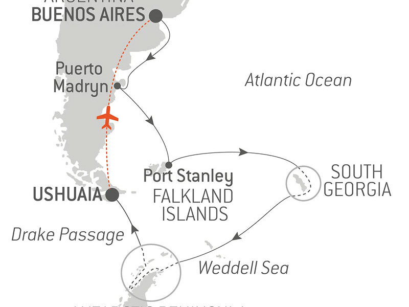 Route map of 19-day Journey to Austral Lands & Valdes Peninsula cruise from Buenos Aires to Ushuaia, Argentina, with visits to the Antarctic Peninsula, South Georgia & Falklands Islands & Puerto Madryn.