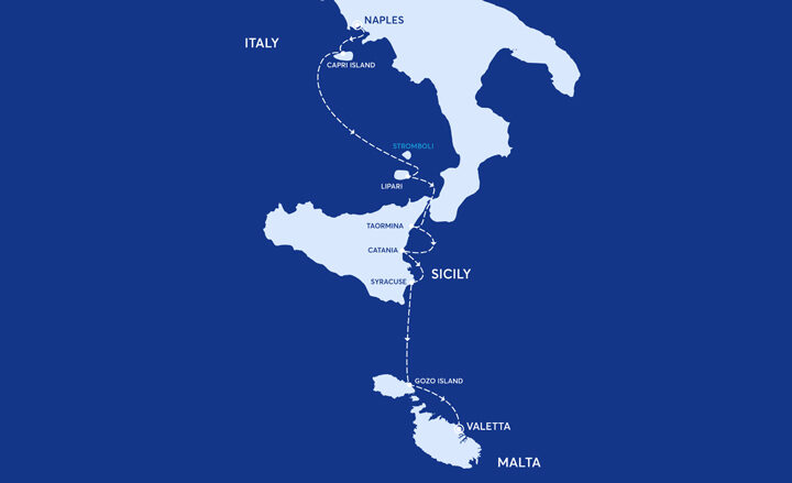 Route map of La Dolce Vita cruises to Malta with visits to Naples & Sicily.