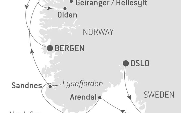 Route map of Norwegian Fjords cruise from Oslo to Bergen with visits to Goteborg, Sweden & Norway's Arendal, Sandnes, Alesund, Geiranger, Hellesylt & Olden.