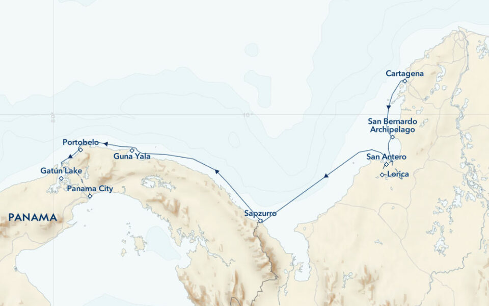 Route map of Panama & Colombia: Exploring the Caribbean Coast small ship cruise, operating between Panama City & Cartagena, with visits to Portobelo, Guna Yala, Capurgana, Sapzurro, Santa Cruz del Islote, San Antero, Tuchin, Santa Cruz de Lorica & Cispata Bay.