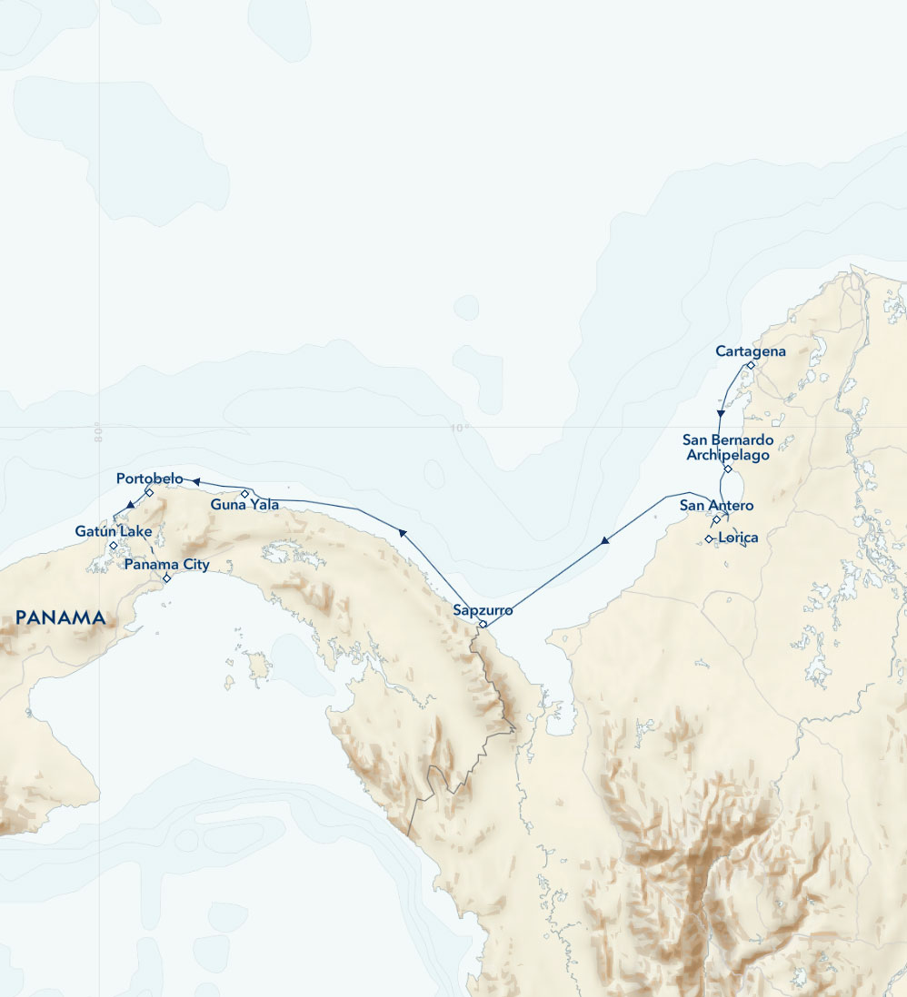 Route map of Panama & Colombia: Exploring the Caribbean Coast small ship cruise, operating between Panama City & Cartagena, with visits to Portobelo, Guna Yala, Capurgana, Sapzurro, Santa Cruz del Islote, San Antero, Tuchin, Santa Cruz de Lorica & Cispata Bay.
