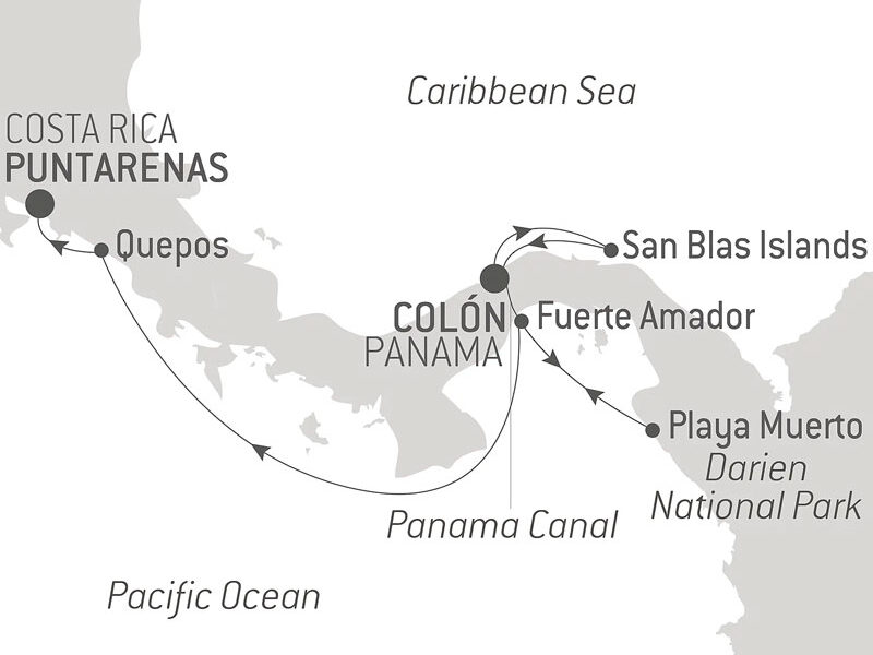 Route map of Panama & Costa Rica by Sea luxury cruise from Panama to Costa Rica via the Panama Canal.