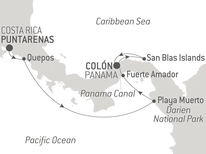 Route map of Panama & Costa Rica by Sea luxury cruise from Costa Rica to Panama via the Panama Canal.