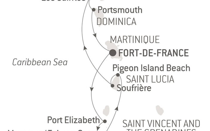 Route map of Pearls of the Caribbean Cruise, operating round-trip from Fort-de-France, Martinique, with visits to Port Elizabeth on Bequia Island, Mayreau Island, Tobago, Pigeon Island, Soufriere in Saint Lucia, Portsmouth & "The Saints."