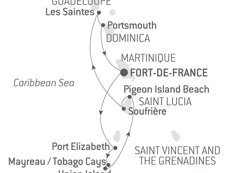 Route map of Pearls of the Caribbean Cruise, operating round-trip from Fort-de-France, Martinique, with visits to Port Elizabeth on Bequia Island, Mayreau Island, Tobago, Pigeon Island, Soufriere in Saint Lucia, Portsmouth & "The Saints."