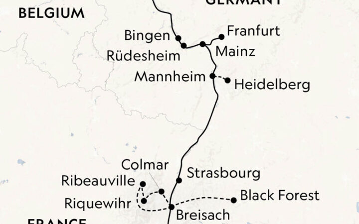 Route map of Rhine River cruise between Cologne, Germany & Basel, Switzerland with visits in France along the way,