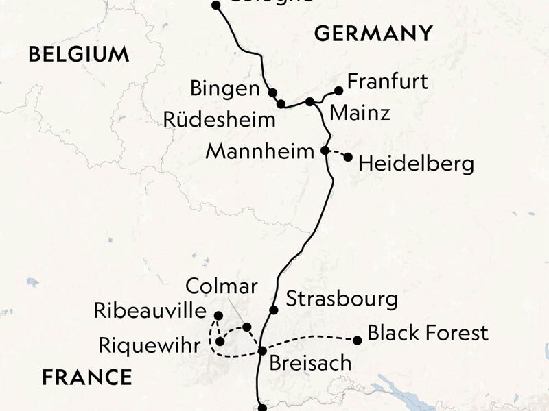 Route map of Rhine River cruise between Cologne, Germany & Basel, Switzerland with visits in France along the way,