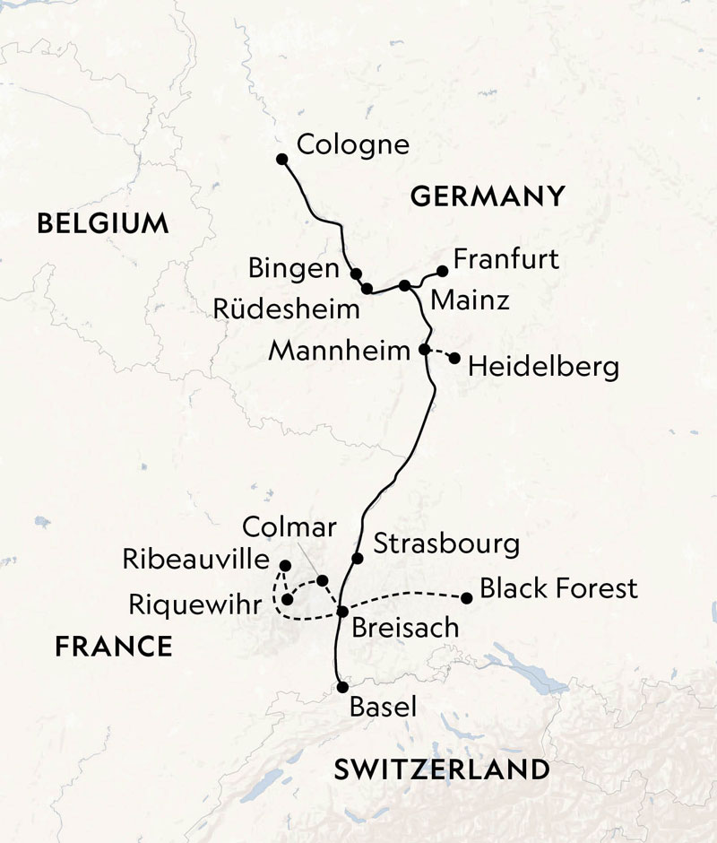 Route map of Rhine River cruise between Cologne, Germany & Basel, Switzerland with visits in France along the way,