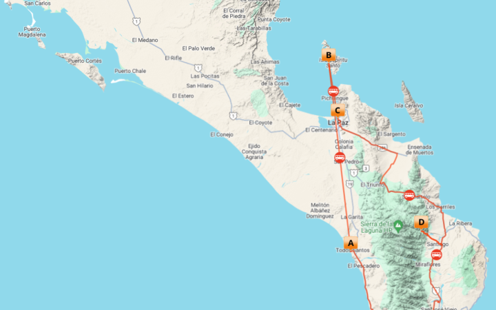Map of the seas and sierras glamping baja trip, that sows the car route and the stopping points