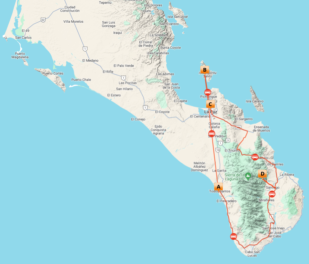 Map of the seas and sierras glamping baja trip, that sows the car route and the stopping points
