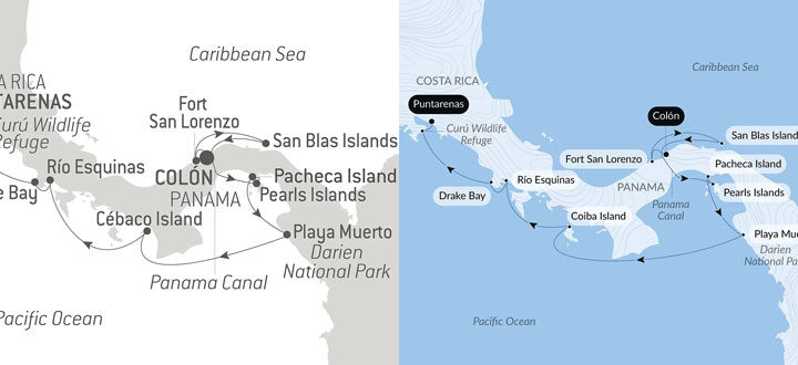 Dual route maps of Secrets of Central America luxury cruise from Panama to Costa Rica via the Panama Canal.