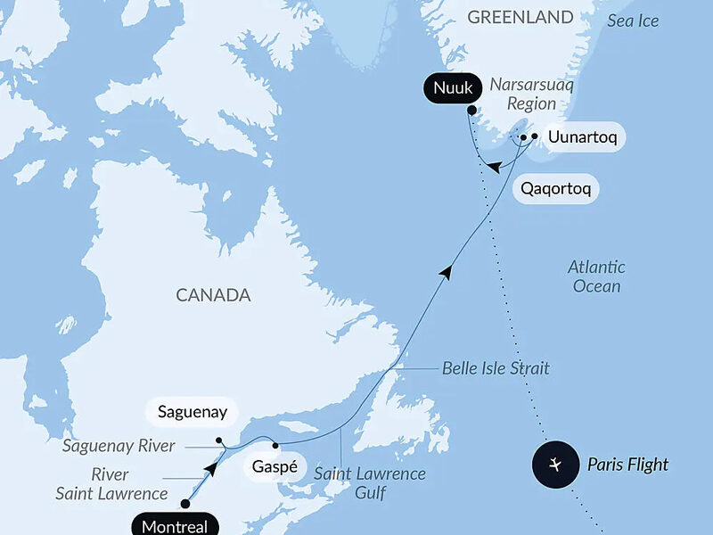 Route map of St Lawrence to Greenland cruise from Montreal, Canada to Nuuk, Greenland, ending with a flight to Paris, France.