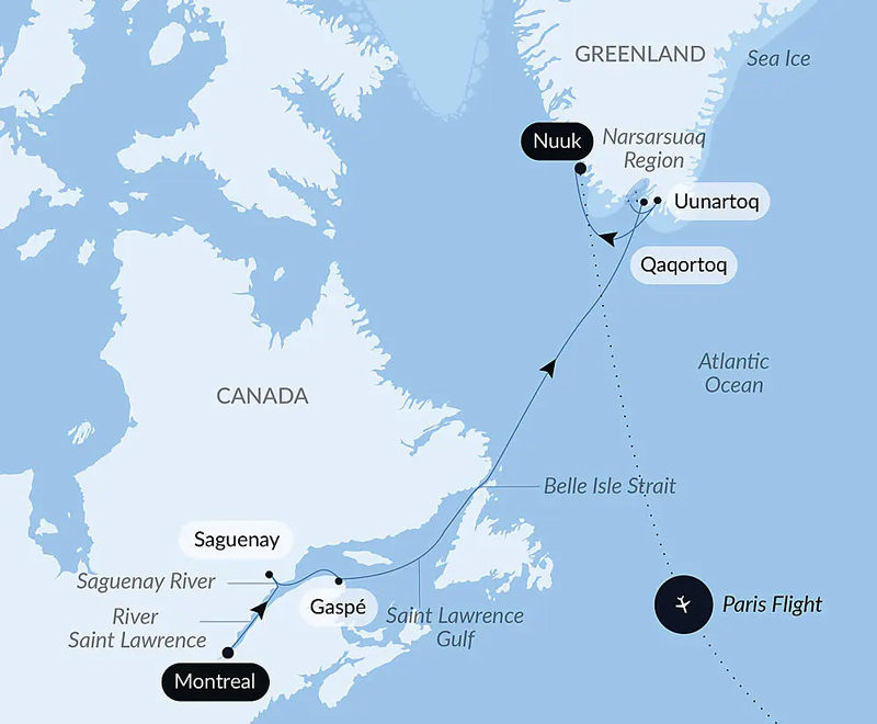 Route map of St Lawrence to Greenland cruise from Montreal, Canada to Nuuk, Greenland, ending with a flight to Paris, France.