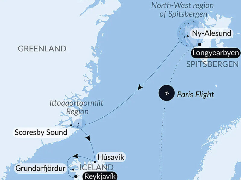 Route map of From Svalbard to Iceland: A Polar Odyssey cruise with Greenland visits en route and a flight from Paris, France to start.