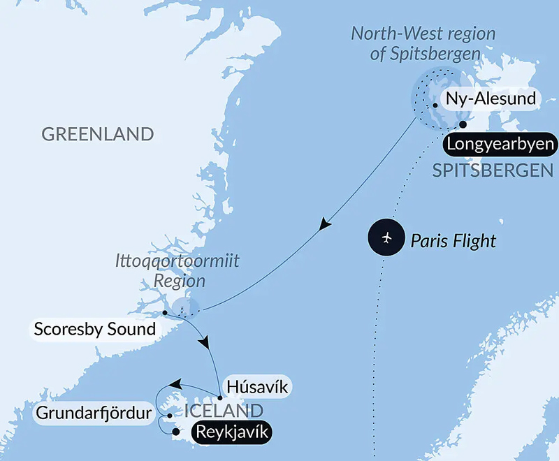 Route map of From Svalbard to Iceland: A Polar Odyssey cruise with Greenland visits en route and a flight from Paris, France to start.
