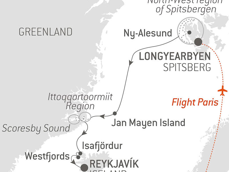 Route map of Total Solar Eclipse in The Far North cruise from Longyearbyen, Spitsbergen to Reykjavik, Iceland by way of east Greenland.