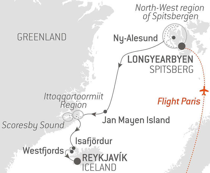 Route map of Total Solar Eclipse in The Far North cruise from Longyearbyen, Spitsbergen to Reykjavik, Iceland by way of east Greenland.