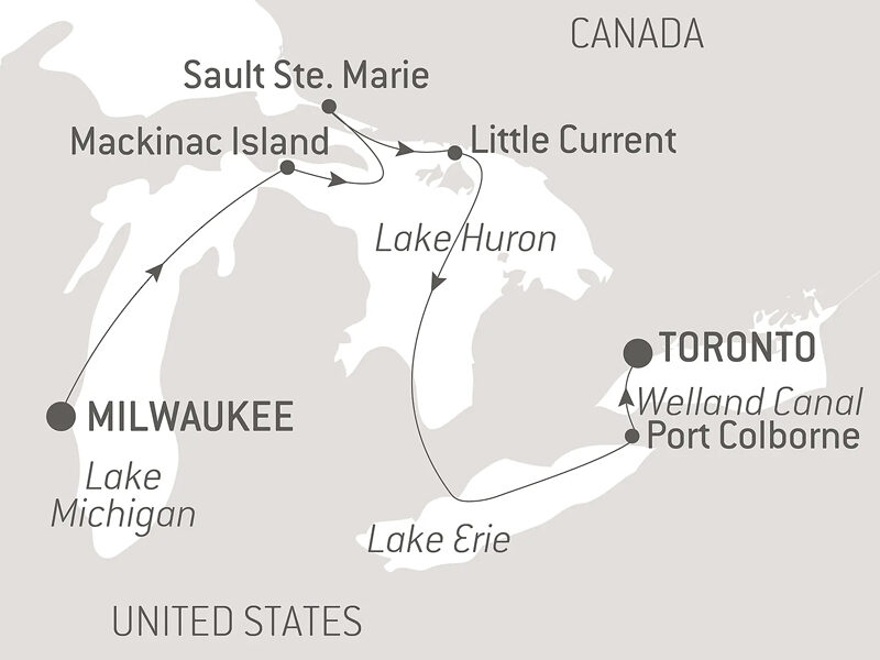Route map of eastbound Great Lakes of North America cruise from Milwaukee, Wisconsin, to Toronto, Canada.