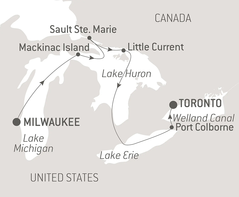 Route map of eastbound Great Lakes of North America cruise from Milwaukee, Wisconsin, to Toronto, Canada.
