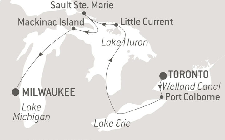 Route map of westbound Great Lakes of North America cruise from Toronto, Canada, to Milwaukee, Wisconsin.
