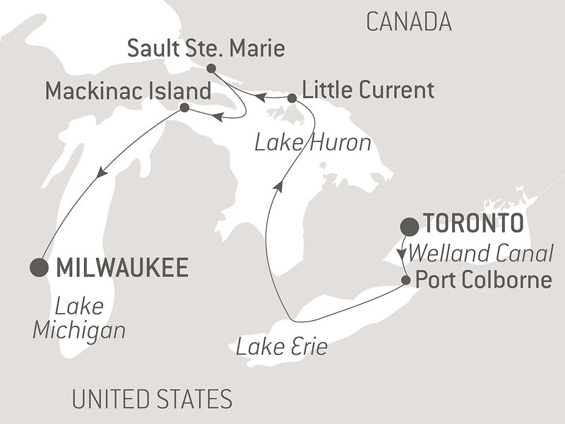 Route map of westbound Great Lakes of North America cruise from Toronto, Canada, to Milwaukee, Wisconsin.