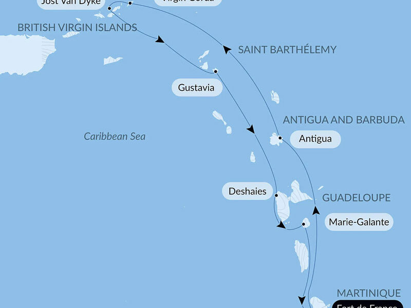 Route map of Wonders of the Caribbean Cruise, operating round-trip from Fort-de-France, Martinique, with possible visits to Marie-Galante, Deshaies, Gustavia, Jost van Dyke, Virgin Gorda, Antigua & Basseterre, Saint Kitts.