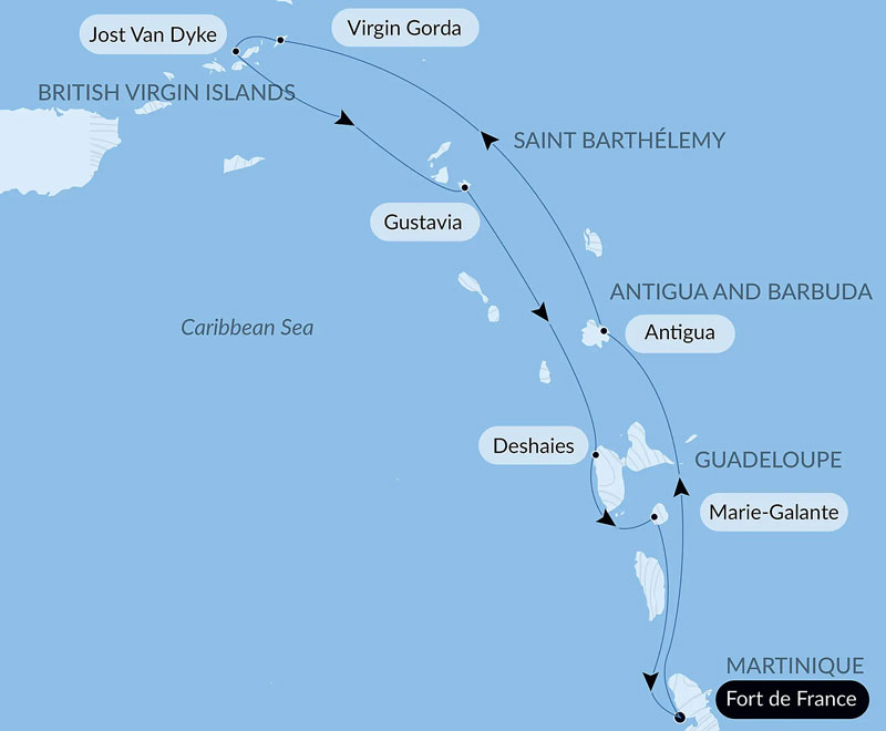 Route map of Wonders of the Caribbean Cruise, operating round-trip from Fort-de-France, Martinique, with possible visits to Marie-Galante, Deshaies, Gustavia, Jost van Dyke, Virgin Gorda, Antigua & Basseterre, Saint Kitts.