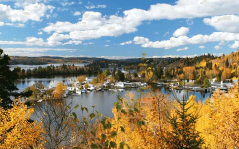Saguenay, Quebec, Canada in fall with golden-leafed trees surrounding a calm bay, seen on a St. Lawrence River cruise.