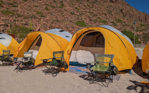 Yellow & white, REI-brand dome tents set up on a beach with green camp chairs & blue mats in front, for tent camping Baja.