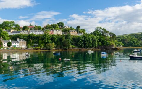 Small boats moored in a calm bay by homes & dark green trees, seen on a Treasures of Ireland & The British Archipelagoes trip.
