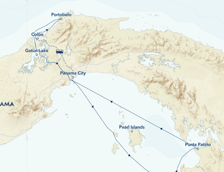 Southbound itinerary map outlining The Panama Canal, Pearl Islands & Darién Jungle cruise embarking in Colón & disembarking in Port Balboa.