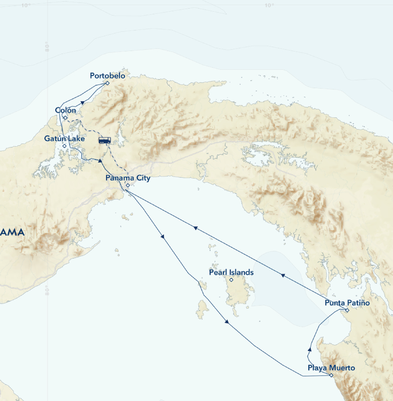 Southbound itinerary map outlining The Panama Canal, Pearl Islands & Darién Jungle cruise embarking in Colón & disembarking in Port Balboa.