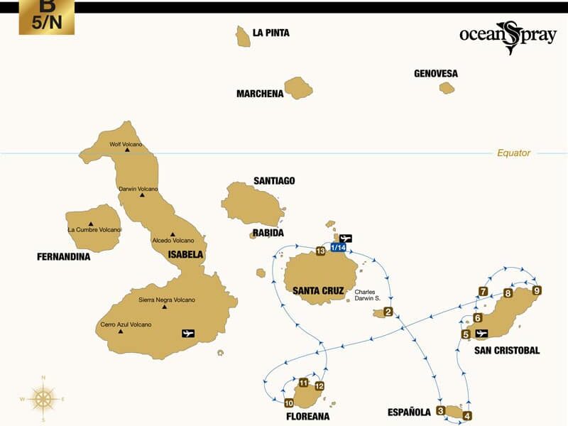 Route map of Ocean Spray Galapagos small ship cruise 6-day South itinerary, visiting Baltra, Santa Fe, Espanola, San Cristobal, Floreana and Santa Cruz islands.