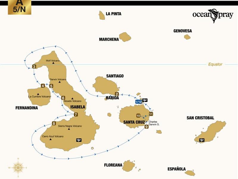 Route map of Ocean Spray Galapagos small ship cruise 6-day West itinerary, visiting Baltra, Chinese Hat, Isabela, Fernandina Santa Cruz and South Plaza islands.