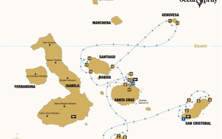 Route map of Ocean Spray Galapagos small ship cruise 8-day East itinerary, visiting San Cristobal, Floreana, Santa Cruz, Bartolome, Genovesa, Santiago, North Seymour, Mosquera Islet and Baltra islands.