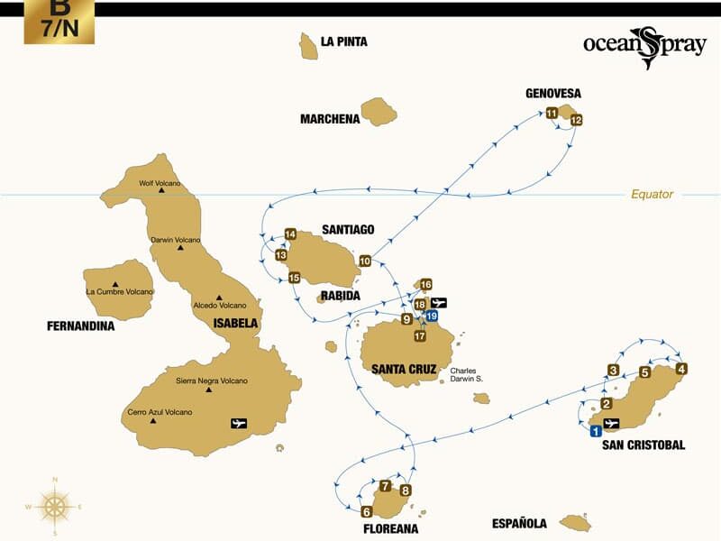Route map of Ocean Spray Galapagos small ship cruise 8-day East itinerary, visiting San Cristobal, Floreana, Santa Cruz, Bartolome, Genovesa, Santiago, North Seymour, Mosquera Islet and Baltra islands.