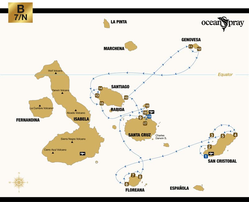 Route map of Ocean Spray Galapagos small ship cruise 8-day East itinerary, visiting San Cristobal, Floreana, Santa Cruz, Bartolome, Genovesa, Santiago, North Seymour, Mosquera Islet and Baltra islands.
