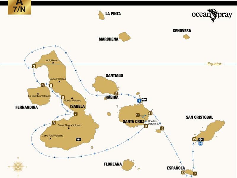 Route map of Ocean Spray Galapagos small ship cruise 8-day West itinerary, visiting Baltra, Chinese Hat, Isabela, Fernandina, Santa Cruz, South Plaza, Santa Fe, Espanola and San Cristobal islands.